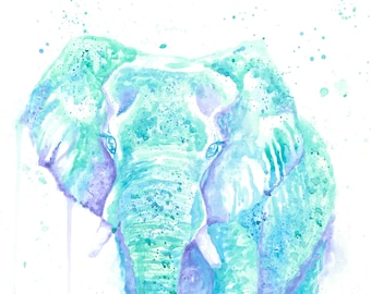Beautiful Blue & Turquoise Watercolor Painted Elephant, Elephant Art for Safari-themed Nursery, Art for Jungle Nursery, Digital Print,