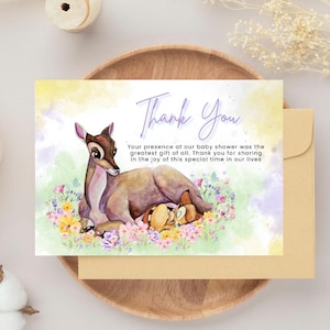 Aanpasbare bedankkaart voor Bambi-babyshower, bijpassende bedankkaart voor babyshower met bambi-thema, gepersonaliseerde digitale download bedankje