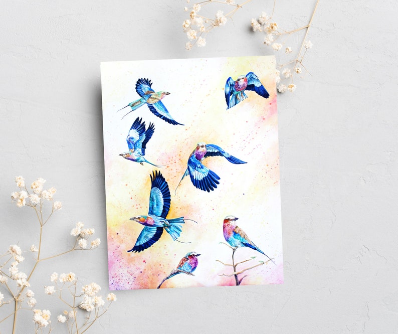 Lilac-Breasted Roller Greeting Card, All Occasion Greeting Card with Hand-Painted Watercolor Lilac-Breasted Roller Birds, Blank Interior image 4