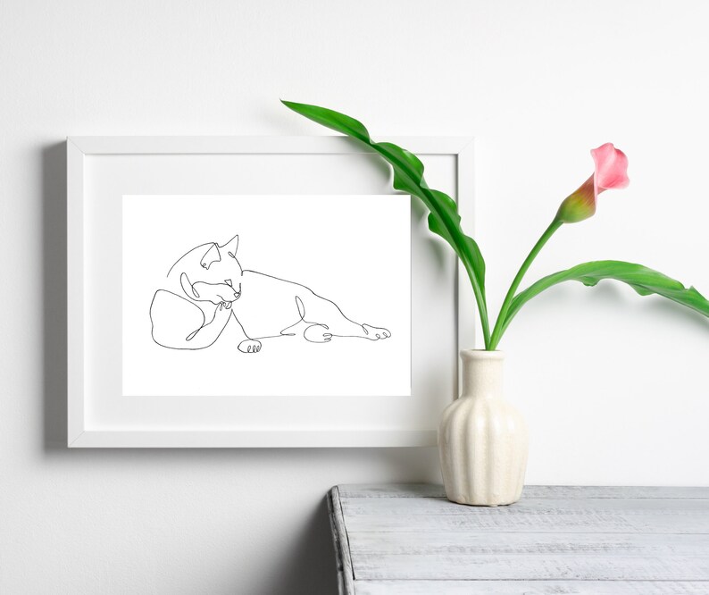 Single Line Drawing of Cat Cleaning Paw, Fine Art Print of Kitty