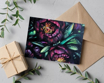 Dark Purple and burgundy moody floral greeting card, all occasion card with dramatic sexy floral art, bold flower card, moody floral wedding