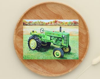 Watercolor John Deere Tractor Card: Nostalgic Farm Art