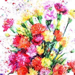 Téléchargement d'impression numérique d'oeillets peints à la main expressifs colorés, belle peinture à l'aquarelle de fleurs, art floral de printemps et décor