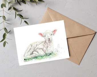 Lamb Baby Shower Card, Beautiful watercolor painting of a sweet baby lamb laying down, Unisex baby shower greeting card, baby farm animals