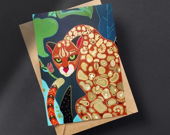 Art Nouveau Jaguar Greeting Card, All Occasion Blank Greeting Card with art nouveau inspired jaguar art, card with illustrative jaguar art