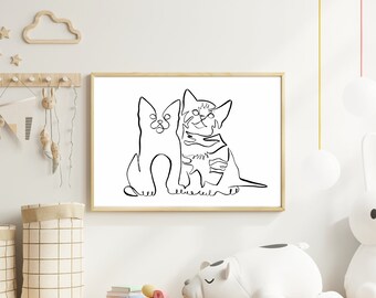 Single Line Drawing of Two Adorable Kittens, Kitten Line Art, Modern Kitten Fine Art Print for Nursery, Kitten Art for Little Girl's Room