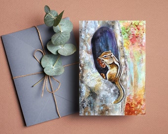 Chipmunk greeting card, All Occasion card of a beautiful, watercolor painting of a chipmunk sitting in a tree eating a nut, Fall Animal Card