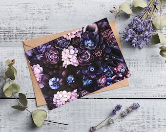 Beautiful greeting card with assorted purple flowers, moody floral greeting card, all occasion, Card for purple lovers, dramatic flower card