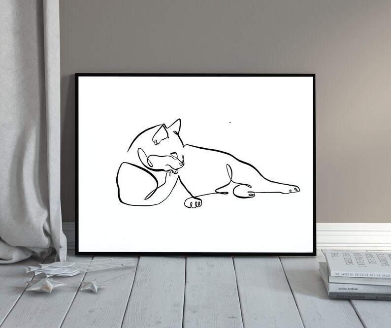 Single Line Drawing of Cat Cleaning Paw, Fine Art Print of Kitty