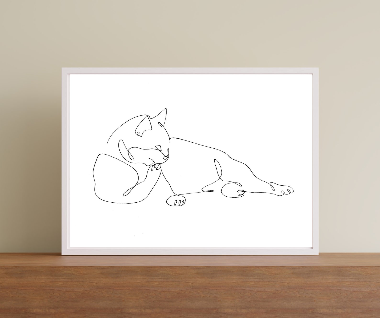 Single Line Drawing of Cat Cleaning Paw, Fine Art Print of Kitty