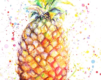 Colorful watercolor painting of cute Pineapple, Artwork for Kitchen, Digital Print, Downloadable art, Quirky kitchen decor, Pineapple decor