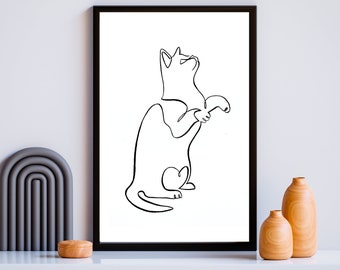 Cute Cat Line Art, Line Drawing of Cat Sitting on its Back Legs Showing Betlly & Fatty Pockets, Minimalist Art, Modern Fine Art Cat Print
