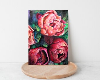 All Occasion greeting card with beautiful red watercolor peonies, floral card with loose red and pink watercolor flowers, Birthday card
