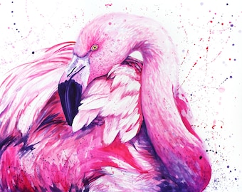 Bright Watercolor Painting of a Flamingo, Vibrant Flamingo Art, Watercolor Flamingo Print, Digital Downloadable Fine Art Print of Flamingo