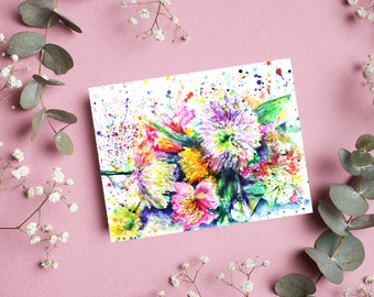 Greeting Card with bright and colorful watercolor flowers, all occasion card with beautiful watercolor floral assortment, mixed bouquet