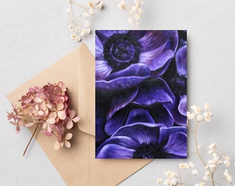 Dark purple floral greeting card, all occasion, lavender and violet moody flowers, sexy dramatic purple moody floral card, wedding flowers