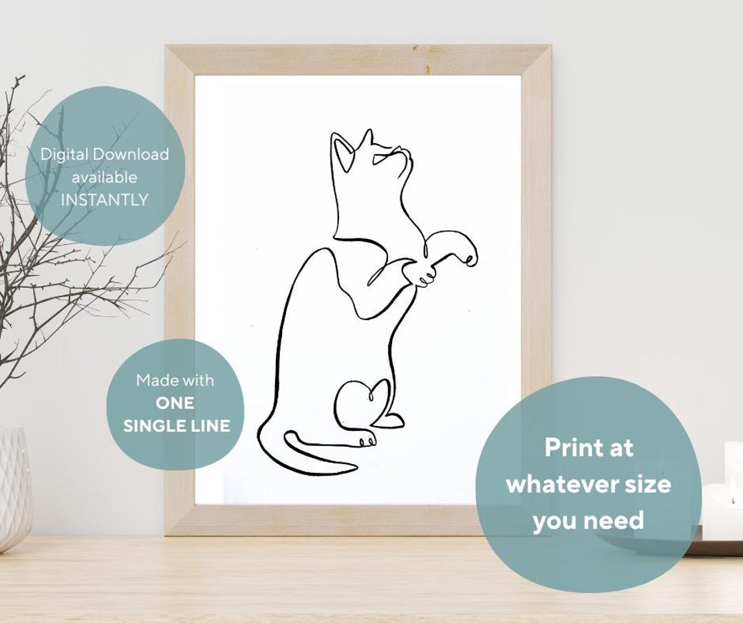 Minimalist Cat Line Art Print, Black and White Drawing (digital ...