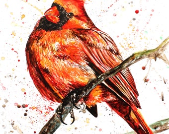 Watercolor Cardinal Art Print: Plump Red Bird Painting (Digital Download)