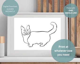 Lámina artística de una línea del Gato Munchkin: Regalo minimalista para amantes de los gatos (descarga digital)