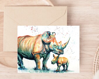 Beautiful Watercolor Greeting Card of Momma Rhino & Baby, Rhino Artwork, Fine Art Print, Rhino Themed Art for Safari Baby Shower Nursery