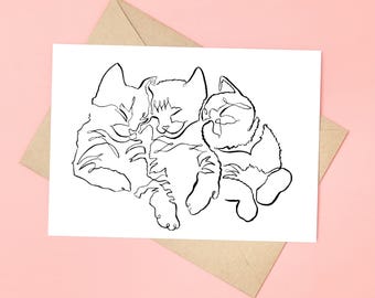 Single Line Cat Greeting Card: Sleeping Kittens, Watercolor Option