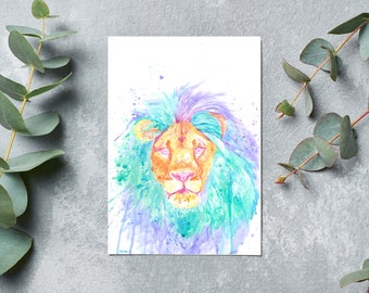 Rainbow Lion Greeting Card, Watercolor Painting of Beautiful Colorful Male Lion, Expressionist Lion Painting, Safari Themed Baby Shower Card