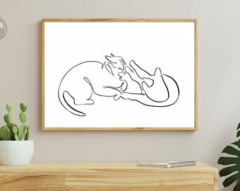 Single Line Drawing of Two Cats Fighting, Fine Art Prints of Kitties Wrestling, Modern Cat Line Art, Art Ideas for Cat Lovers, Home Decor