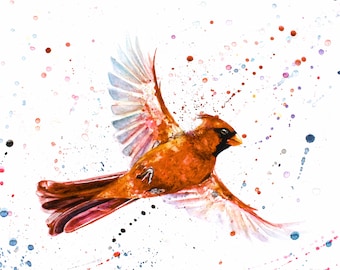 Beautiful Watercolor Painting of a Cardinal in Flight, Flying Cardinal Art, Digital Downloadable Print of a Gorgeous Cardinal, Warmer Colors