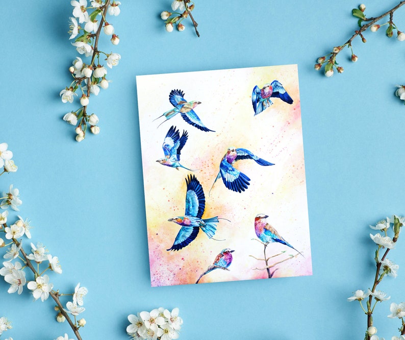 Lilac-Breasted Roller Greeting Card, All Occasion Greeting Card with Hand-Painted Watercolor Lilac-Breasted Roller Birds, Blank Interior image 3