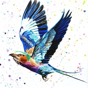 May include: A watercolor painting of a blue and purple bird in flight against a white background with colorful watercolor splatters.