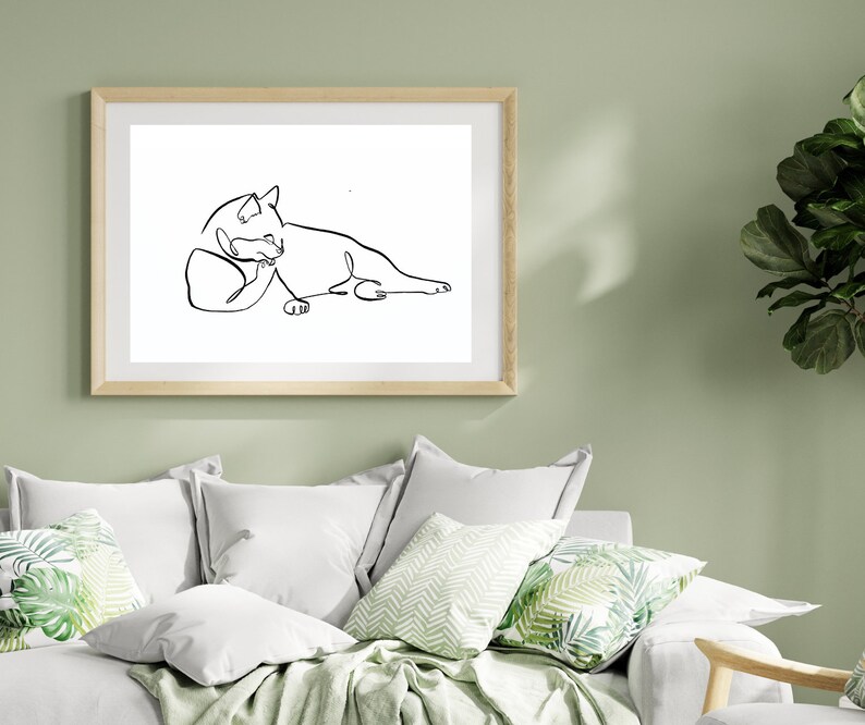 Single Line Drawing of Cat Cleaning Paw, Fine Art Print of Kitty