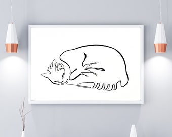 Cute Line Drawing of Sleeping Kitty, Fine Art Print of Cat Napping, Cute Cat Nap Art, Fine Art Gift Ideas for Cat Lovers, Modern Cat Art