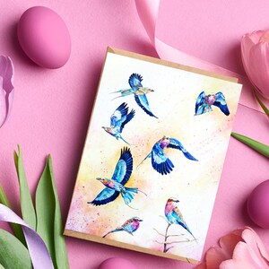 Lilac-Breasted Roller Greeting Card, All Occasion Greeting Card with Hand-Painted Watercolor Lilac-Breasted Roller Birds, Blank Interior image 2