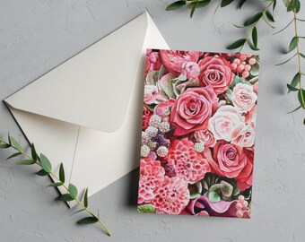 Red Floral Greeting Card, Beautiful watercolor painting of assorted red and pink flowers, Valentine's day card with pretty red flowers,