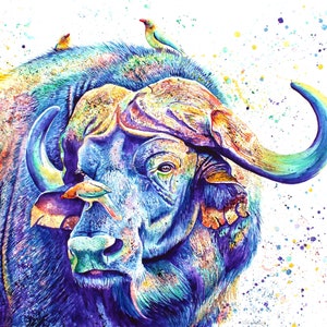 Beautiful Watercolor Painting of a Rainbow Cape Buffalo, African Safari digital art, Nursery art, baby shower gift, art for unisex nursery