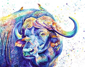 Beautiful Watercolor Painting of a Rainbow Cape Buffalo, African Safari digital art, Nursery art, baby shower gift, art for unisex nursery