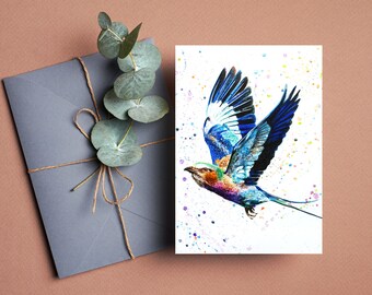 Flying Lilac-Breasted Roller Greeting Card, Beautiful watercolor painting of a LBR, All occasion, blank, Colorful bird greeting cards,