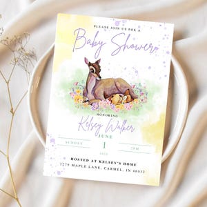 Invito personalizzabile per baby shower con tema Bambi, invito per baby shower con tema Bambi, invito per baby shower con tema cerbiatto, download digitale modificabile