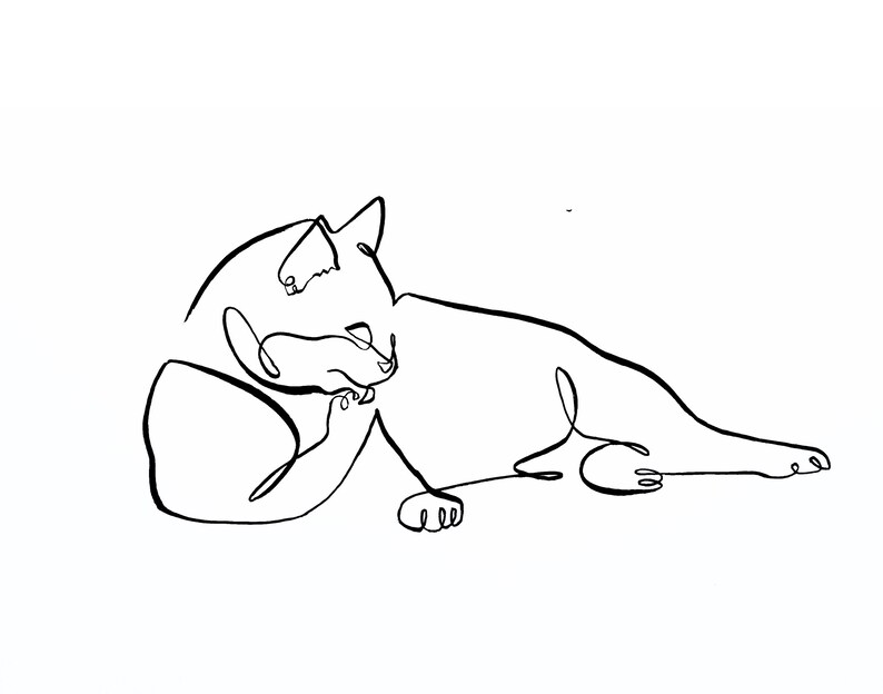 Single Line Drawing of Cat Cleaning Paw, Fine Art Print of Kitty