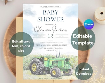 Babyshower John Deere tractor: thema aquarel boerderij (bewerkbare pdf)