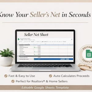 Puede incluir: Un portátil que muestra una hoja de cálculo "Seller Net Sheet", con el texto "Know Your Seller's Net in Seconds". Una pequeña planta en maceta, gafas y un bloc de notas están al lado del portátil. La hoja de cálculo muestra un total de 268.800 €.