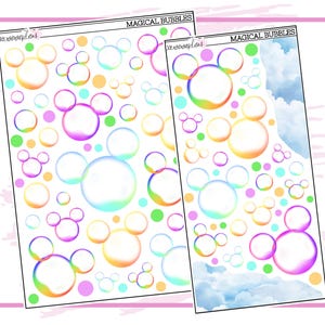 May include: Two sheets of colorful iridescent bubble stickers with the text "Magical Bubbles". The stickers feature a variety of sizes and shapes of bubbles with rainbow colors.