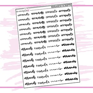 May include: A sheet of planner stickers with the word "errands" in a handwritten script, repeated multiple times. The stickers are black on a white background, with the text "ERRANDS SCRIPTS" at the top. The sheet is set against a pink and white background.
