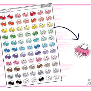 May include: A sheet of 5" x 7" printer stickers with a rainbow of colors. Each sticker features a cartoon printer with a heart on the paper. The sheet is labeled "PRINTERS".