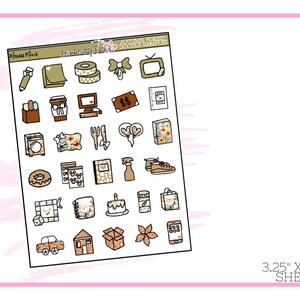 May include: A sticker sheet with various autumn-themed illustrations, including a coffee cup, a TV, a cake, and a house. The sheet measures 3.25 x 4.25 inches and has a pink border. The text "Autumn Doodles" is visible.