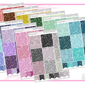 May include: A sheet of 5" x 7" glitter header stickers with various colours and glitter textures. The colours include red, bronze, gold, green, teal, aqua, blue, purple, and pink.