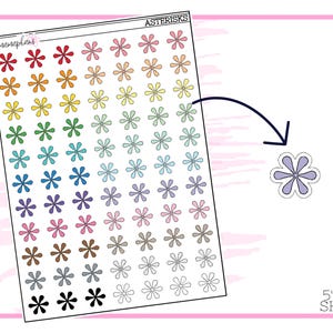 May include: A sheet of 5" x 7" colorful star stickers. The sheet includes a variety of colors, including red, orange, yellow, green, blue, purple, pink, brown, gray, and black. The stickers are arranged in rows and columns on a white background. The text "ASTERISKS" is printed at the top of the sheet.