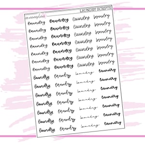 May include: A sheet of laundry script stickers in black cursive font. The stickers are arranged in rows and columns on a white background. The words "LAUNDRY SCRIPTS" are at the top. The sheet is set against a pink and white background.