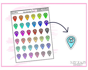 May include: A sheet of 36 colorful Mickey Mouse location marker stickers. The stickers are 3.25 inches by 4.25 inches and feature a Mickey Mouse head inside a location pin. The sheet is labeled "Mickey Location Marker Doodles".