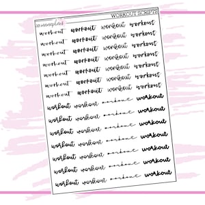May include: A sheet of planner stickers with the word "workout" in a handwritten font. The stickers are black on a white background, with the words repeated multiple times. The sheet has a pink border and a pink watercolor design.